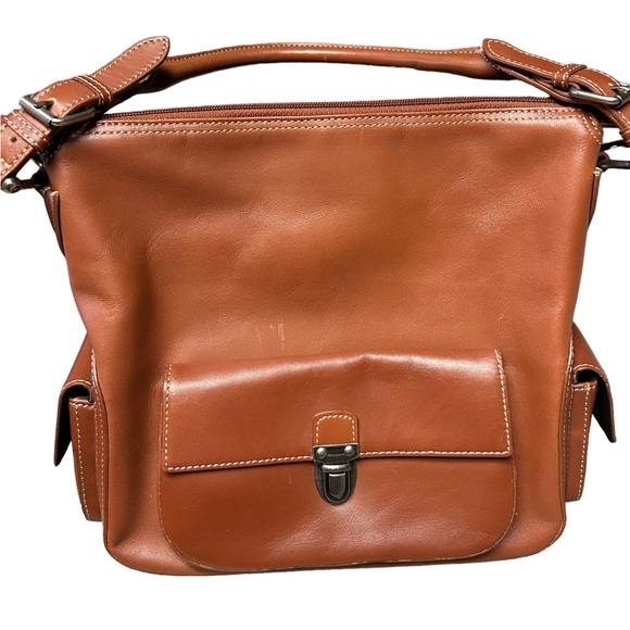 Talbot's Brown Leather Handbag 10”x10”x4 1/2”, zippered top, 3 outside pockets - Picture 1 of 8